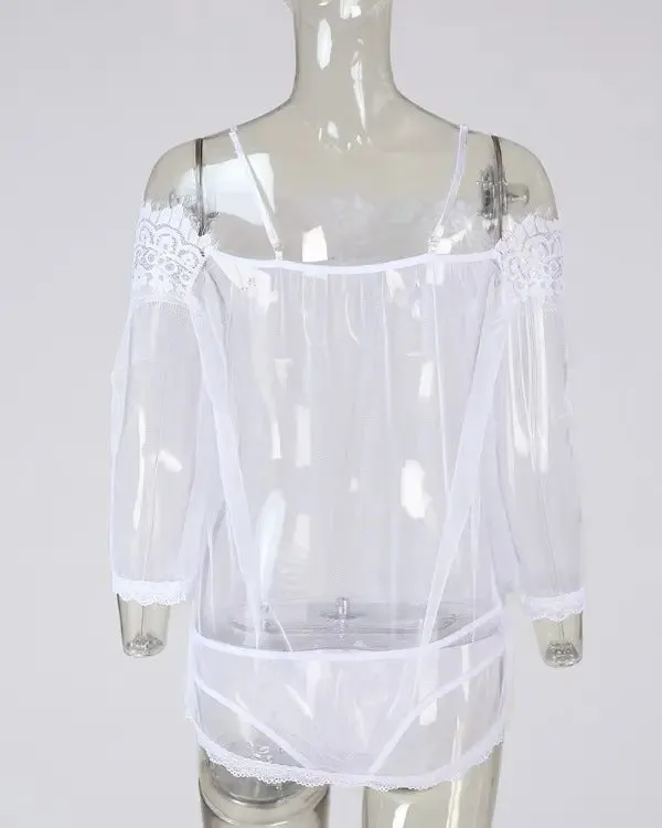 Cold Shoulder Eyelash Lace Sheer Mesh Babydoll