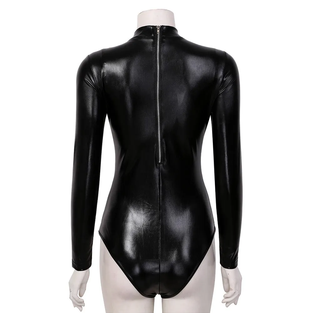 Hot Erotic Women's Bodysuit / Sexy PU Leather Babydoll Mini Dress / Female Black Jumpsuit